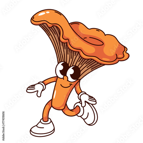 Groovy chanterelle mushroom cartoon character running. Funny retro orange fungi with cute face, arms and legs. Edible forest mushroom mascot, cartoon sticker of 70s 80s style vector illustration
