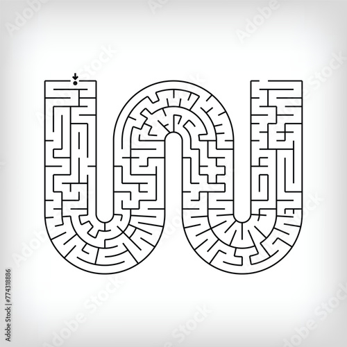 Unique linear letter W maze puzzle. Confusing game and educational activity set.