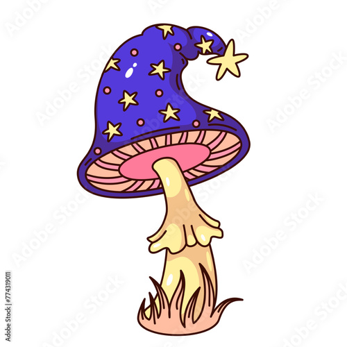 Groovy cartoon mushroom in purple hat with stars. Funny retro psychedelic fungi with cap of wizard or witch, surrealism and magic mascot, cartoon mushroom sticker of 70s 80s style vector illustration