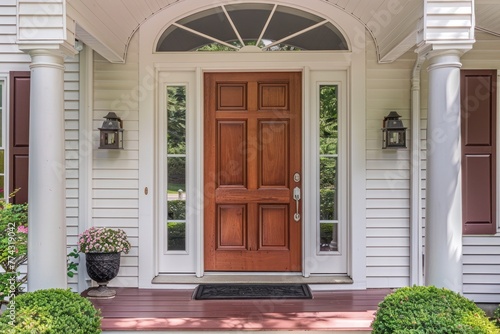 6 Panel Wooden Front Door With White Frame and Sidelights