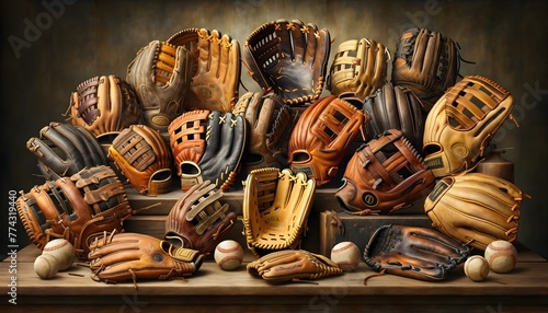 collection of vintage baseball gloves photo