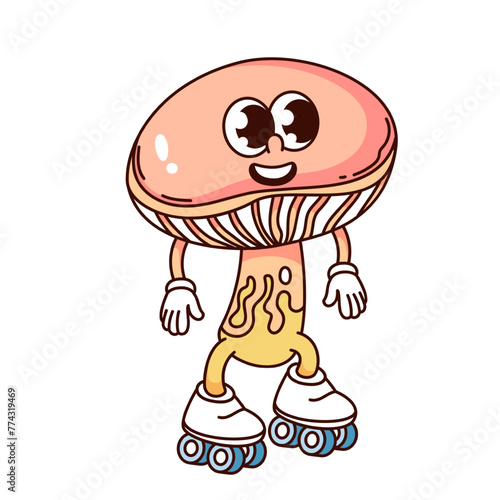 Groovy happy mushroom cartoon character roller skating. Funny retro toadstool skater with round pink cap and skates, mushroom fun ride mascot, cartoon sticker of 70s 80s style vector illustration