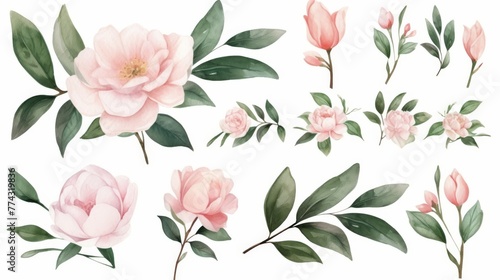 watercolor set of pink flowers  buds and green leaves on white background