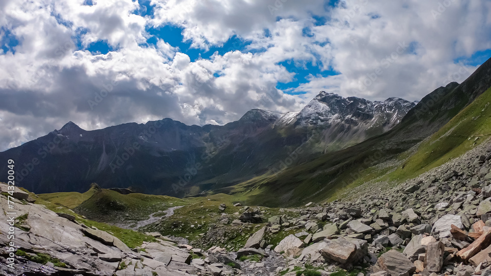 Aerial view of majestic mountain peak Vorderer Geisslkopf in High Tauern National Park, Carinthia, Austria. Idyllic hiking trail Austrian Alps. Wanderlust paradise. Sense of exploration. Nature escape