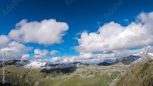 Panoramic view of majestic snow capped mountain peak Mallnitzriegel, High Tauern National Park, Carinthia, Austria. Wanderlust in Austrian Alps. Nature escape. Idyllic hiking trail along ridges