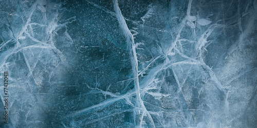 Abstract natural ice texture. Freezy ice surface. Blue backdrop with cracks and scratches on frozen water. Banner.