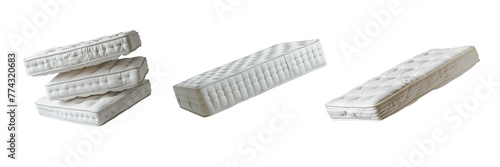 Set of stacked white mattresses isolated on a white or transparent background. Bundle of spring mattresses close-up, side view. Graphic design element on the theme of interior.
