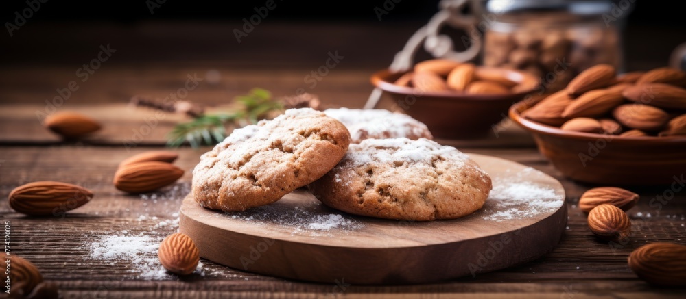 A close-up view of a variety of delicious cookies topped with assorted nuts served on a wooden table
