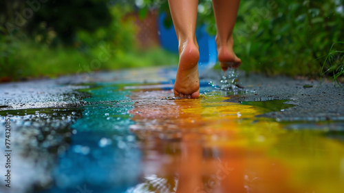 Closeup of barefoot walking on a clean sidewalk near a muddy puddle