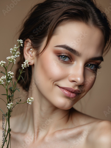 Beautiful smiling woman with flowers, beauty portrait concept