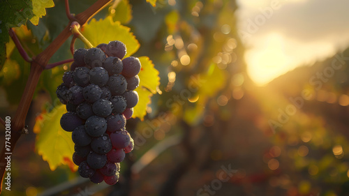 Bunch of grapes in a vineyard at sunset