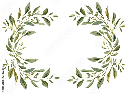 Olive thin barely noticeable flower frame with leaves isolated on white background pattern 