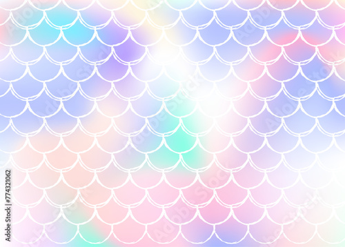 Mermaid scales background with holographic gradient. Bright color transitions. Fish tail banner and invitation. Underwater and sea pattern for girlie party. Fluorescent backdrop with mermaid scales.