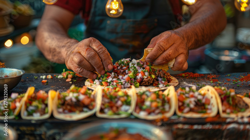 Hands preparing tacos at a food stand