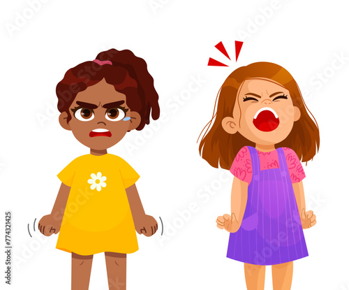 child emotions set. a very angry children, girls and boy standing in a pose. with a disgruntled look on her face. aggressive children vector character Illustration.