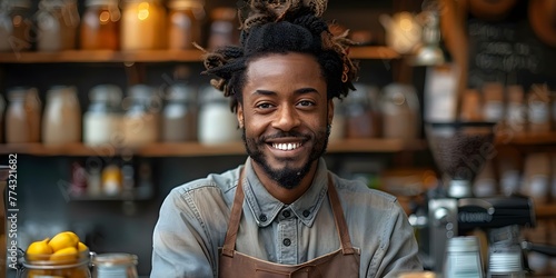 African American barista working in a coffee shop during a financial crisis exuding positivity and determination. Concept Resilience  Work Ethic  Positivity  Diversity  Perseverance