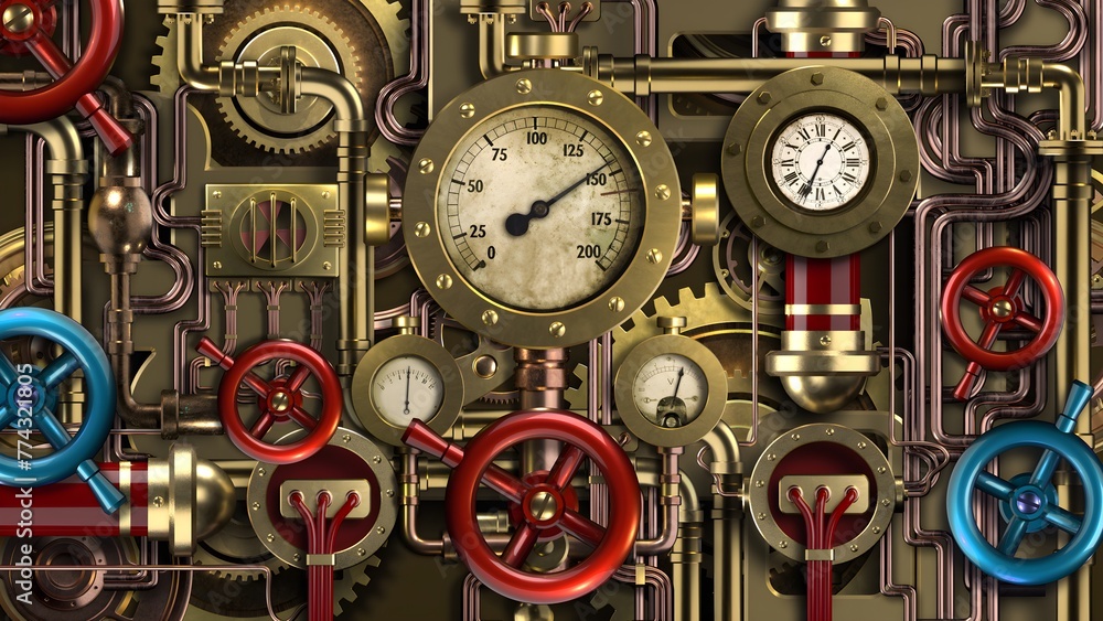 Industrial Background With Mechanisms. Illustration On The Theme Of Steampunk, Production And Machines, History And Relics.	
