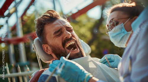 Picture a male dentist focused on his task of examining a male patient's teeth, their surroundings blurred as they ride a roller coaster, capturing the contrasting elements of fear and routine