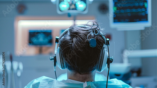 A person sitting comfortably during a hair transplant procedure, wearing a headset and listening to music