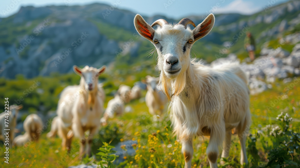Fototapeta premium Goats grazing in mountainous region