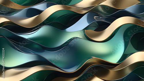Metallic smooth waves blue and green emerald gold gradient transparent glass reflective 3d metal created