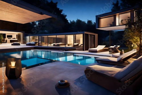 Illuminated house exterior with sunloungers on patio by swimming pool at dusk