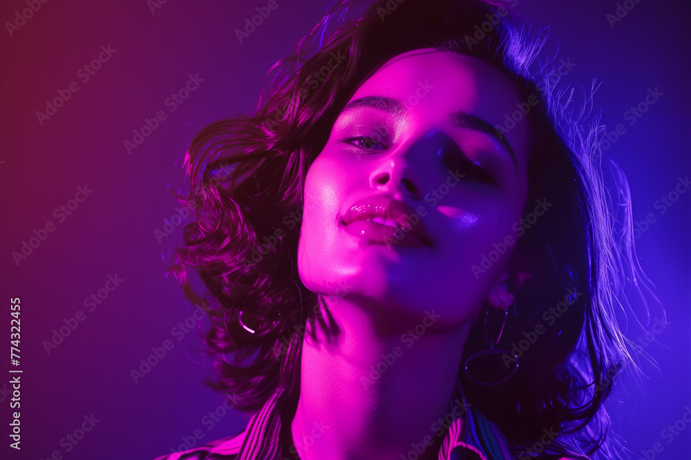 A stylish 19-year-old girl oozes confidence and joy against a solid deep purple background A stylish 19-year-old girl oozes confidence and joy against a solid deep purple background