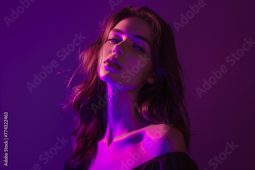 A stylish 19-year-old girl oozes confidence and joy against a solid deep purple background
