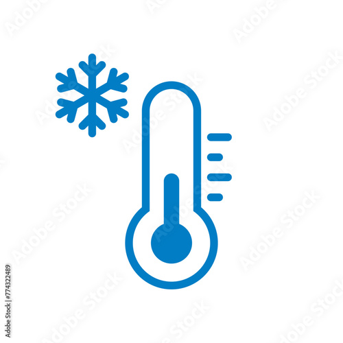 Cold temperature, keep frozen label, blue thermometer with snowflake icon vector illustration on white background. Cold Weather Flat Sign. Storage in refrigerator and freezer.