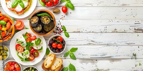 Vegetarian Italian Delights on a White Wooden Table at a Restaurant with Caprese Salad, Eggplant Parmesan, Bruschetta, and Olives. Concept Food Photography, Italian Cuisine, Vegetarian Dishes