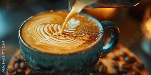 Barista pouring steamed milk into coffee cup creating latte art. Concept Coffee Making, Latte Art, Barista Skills, Steamed Milk, Cafe Culture