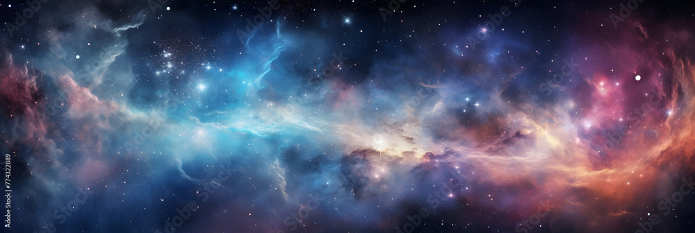 Majestic panorama of an expansive galaxy filled with stars, nebulas, and cosmic dust radiating vibrant colors, representing the vastness of space