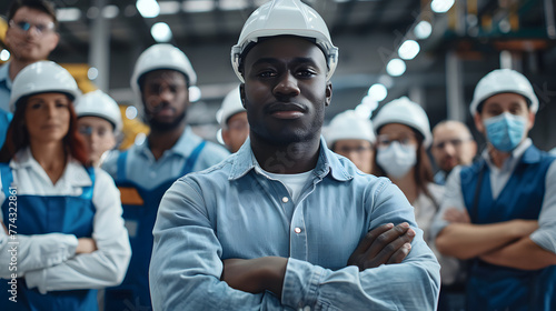 A confident male worker in a hardhat stands with arms crossed, team of workers in masks behind him. Confident worker with team in background photo