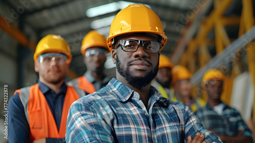 Group of construction workers in hard hats. A confident male construction worker in the foreground with colleagues behind him, all wearing safety gear in an industrial setting
