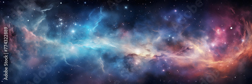 Majestic panorama of an expansive galaxy filled with stars, nebulas, and cosmic dust radiating vibrant colors, representing the vastness of space photo