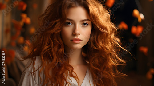 Close-up of a young woman with voluminous curly red hair and piercing blue eyes against a warm backdrop