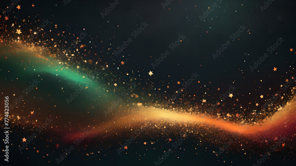 Black dark, green, red, orange, brown, gold, shiny glitter abstract gradient background with space. Twinkling glow stars effect. Like outer space, night sky, universe. Rusty, rough surface, grain