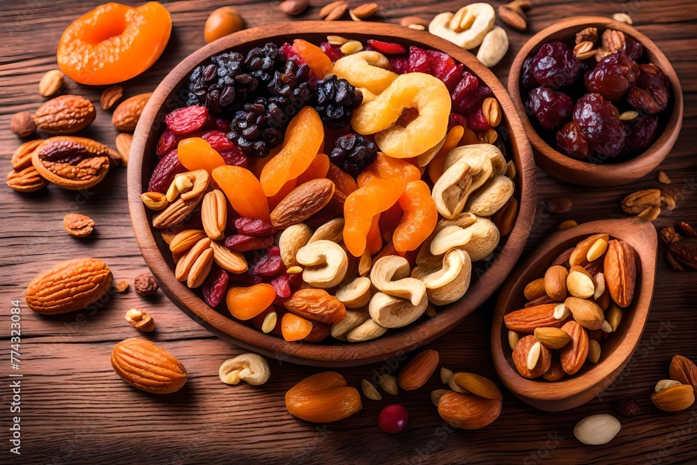 Dried fruits and nuts mix in a wooden bowl.