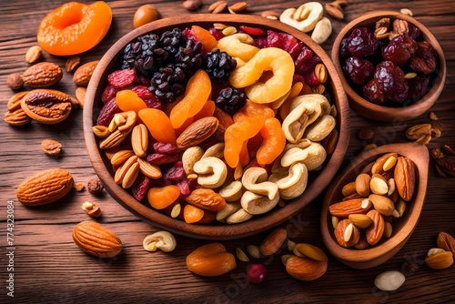 Dried fruits and nuts mix in a wooden bowl.