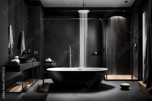 Bathroom luxury interior design with matte black bath and modern shower.