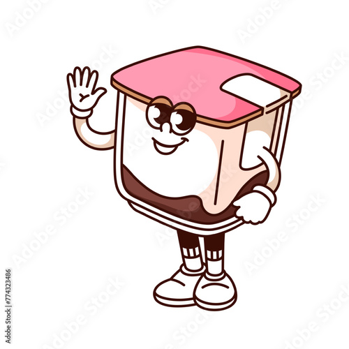 Groovy plastic box cartoon character with sweet milk dessert. Funny retro transparent package with lid waving and greeting, dairy box mascot, cartoon sticker of 70s 80s style vector illustration
