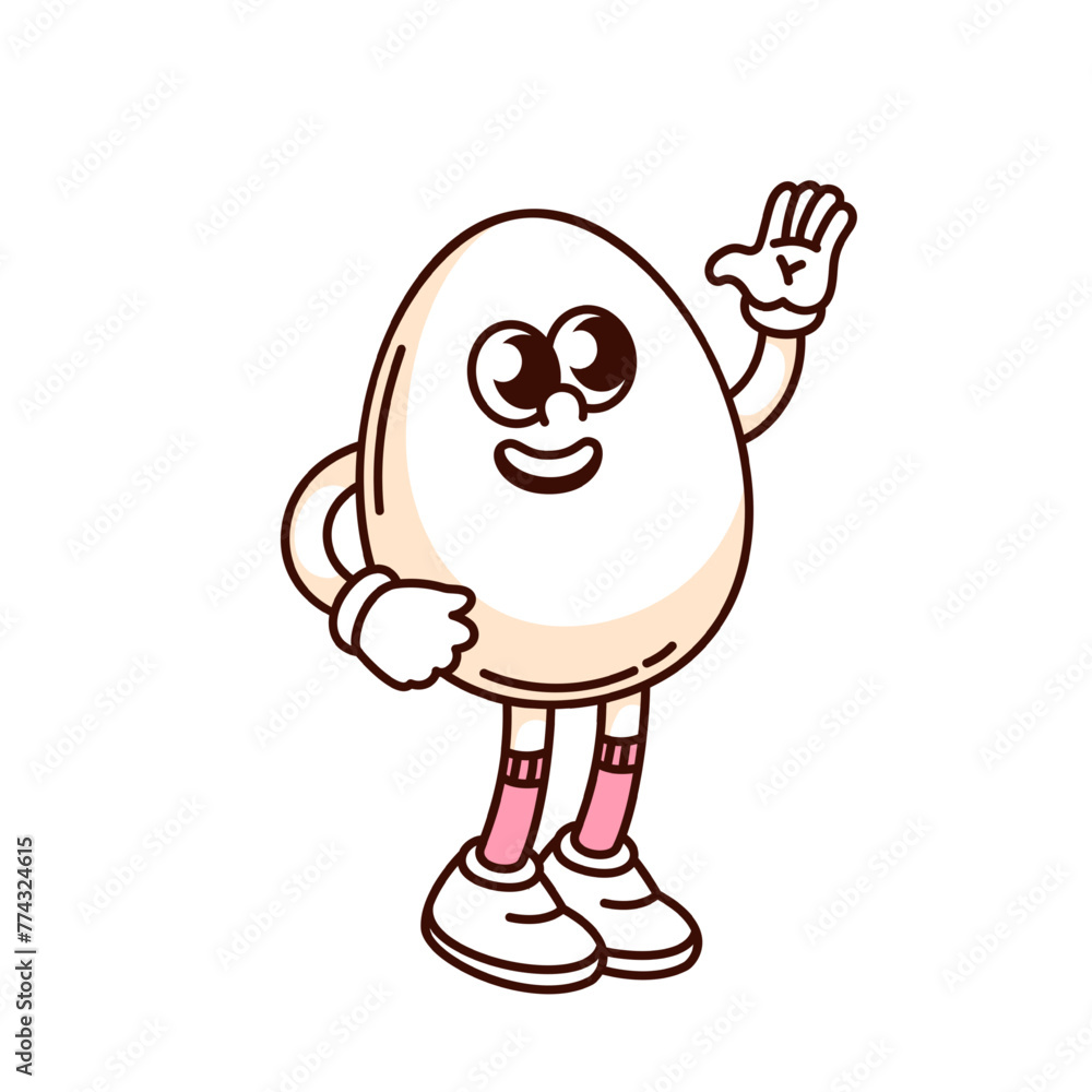 Groovy white egg cartoon character greeting with smile. Funny retro egg waving hand to say Hi and Welcome, nutrition mascot, cartoon poultry farm product sticker of 70s 80s style vector illustration Groovy white egg cartoon character greeting with smile. Funny retro egg waving hand to say Hi and Welcome, nutrition mascot, cartoon poultry farm product sticker of 70s 80s style vector illustration