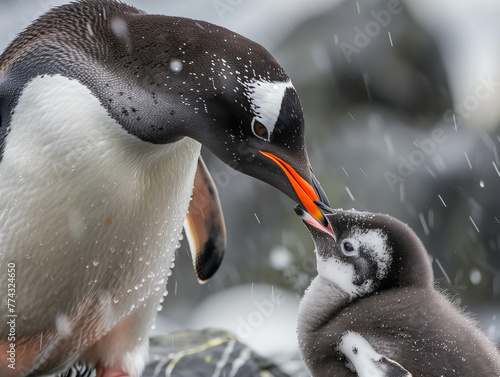 Young penguin chick being fed by a parent