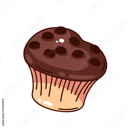 Groovy cartoon muffin with chocolate chips. Funny retro dessert of cake menu for birthday party, bakery and confectionery mascot, cartoon chocolate snack sticker of 70s 80s style vector illustration