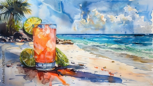 Tropical Cocktail on the Beach in Watercolor Art Generative AI