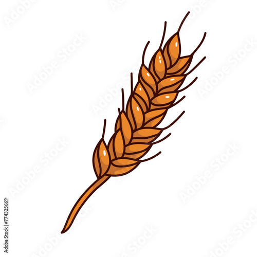 Groovy cartoon yellow wheat ear with grains. Funny retro ripe cereal spikelet from farm field to make wheat flour for bread, bakery mascot, cartoon sticker of 70s 80s style vector illustration