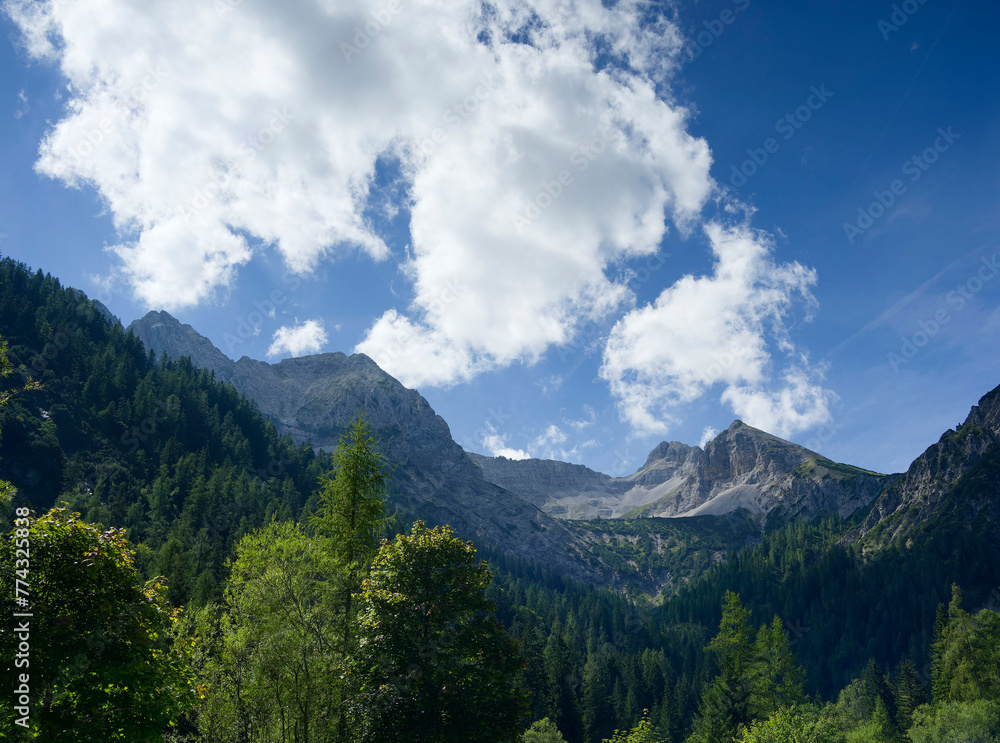 Naturpark Karwendel am Achensee. Von der Gern Alm wunderschöne Gipfelwelt des Karwendelgebirges. Mondscheinspitze, Falzthurnjoch, Plumsjoch und Plumssatel mit Bettlerkarspitze

