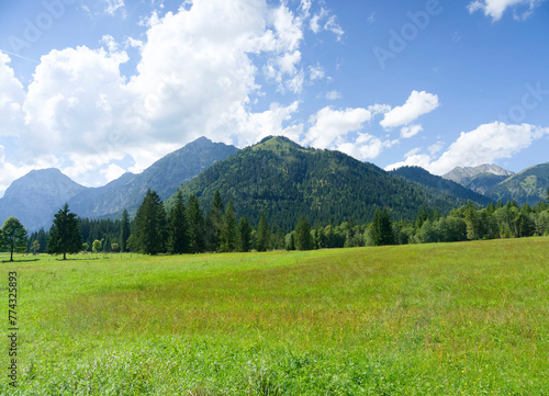 Naturpark Karwendeltäler in Österreich. Grüne Wiesen und Almen des Falzthurntals, umgeben von links nach rechts von den Gipfeln Sonnjoch, Schäufelspitze, Bettlerkarspitze und Mondscheinspitze