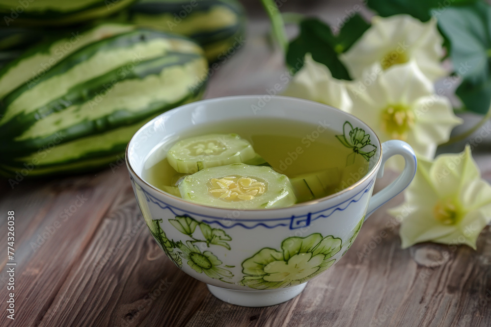 A cup of Bitter Gourd Tea. Wooden background. A cup of Bitter Gourd Tea. Wooden background.
