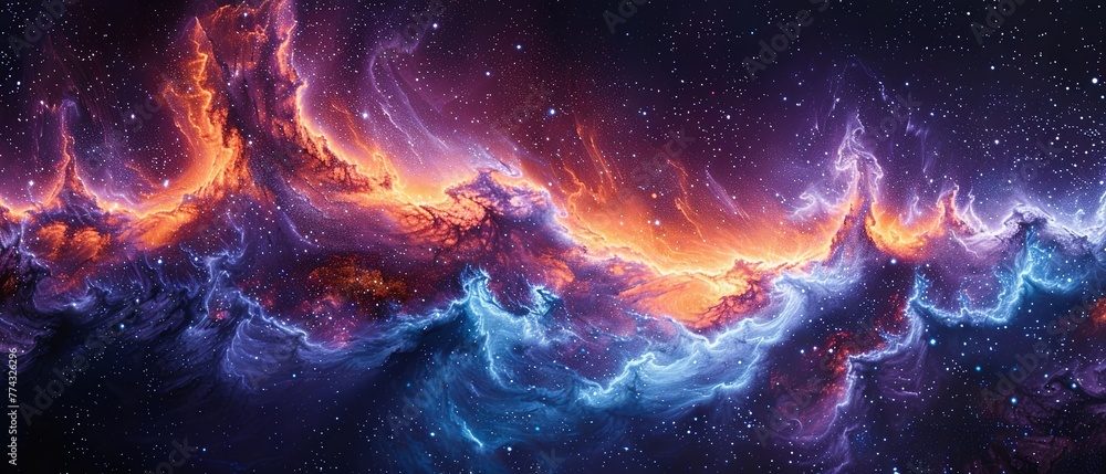 A cosmic scene rendered in thick, swirling layers of paint, with deep blues and purples. 